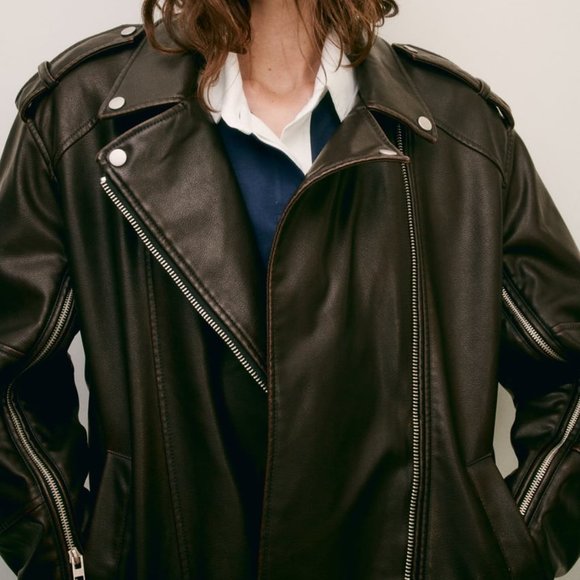NWT ZARA WASHED FAUX LEATHER OVERSIZED BIKER JACKET DARK BROWN - Picture 2 of 11